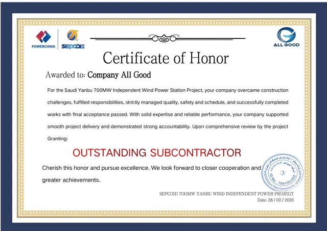 Client certificate of honour — Outstanding Subcontractor